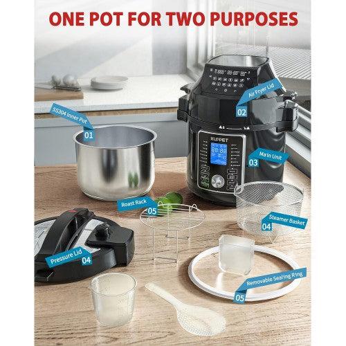 KUPPET 2 in 1 Electric Pressure Cooker with Air Fryer Lid, 17 Preset Cooking Functions, 6 Quart, Stainless Steel Slow Cooker, Rice Cooker, Steamer, Saute, Yogurt Maker - Toytexx KUPPET 2 in 1 Electric Pressure Cooker with Air Fryer Lid, 17 Preset Cooking Functions, 6 Quart, Stainless Steel Slow Cooker, Rice Cooker, Steamer, Saute, Yogurt Maker - Toytexx